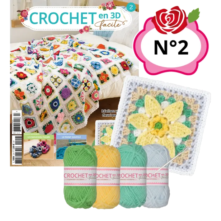 Le N°2 : Le fascicule + 4 pelotes + 1 aiguille à bout rond pour réaliser le carré lys zéphyr