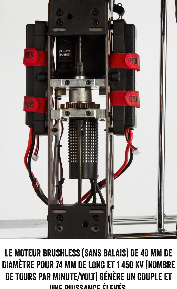 Le moteur Brushless (sans balais) de 40 mm de diamètre pour 74 mm de long et 1 450 KV (nombre de tours par minute/volt) génère un couple et une puissance élevés.